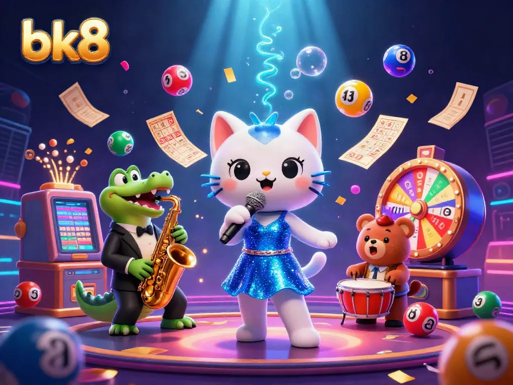 Join the fun at bk8 with a jazzy cat, a saxophone croc, and a bear playing drums amid vibrant lottery excitement.