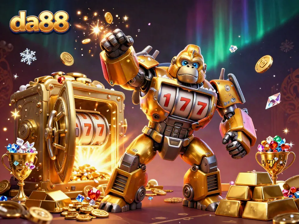 Play with da88 slots and witness a golden gorilla mech bursting with coins and treasures.