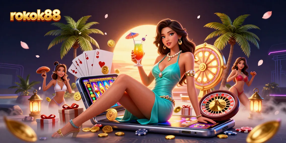 Engage with rokok88's exciting slot games in a vibrant casino illustration featuring winnings and playful elements.