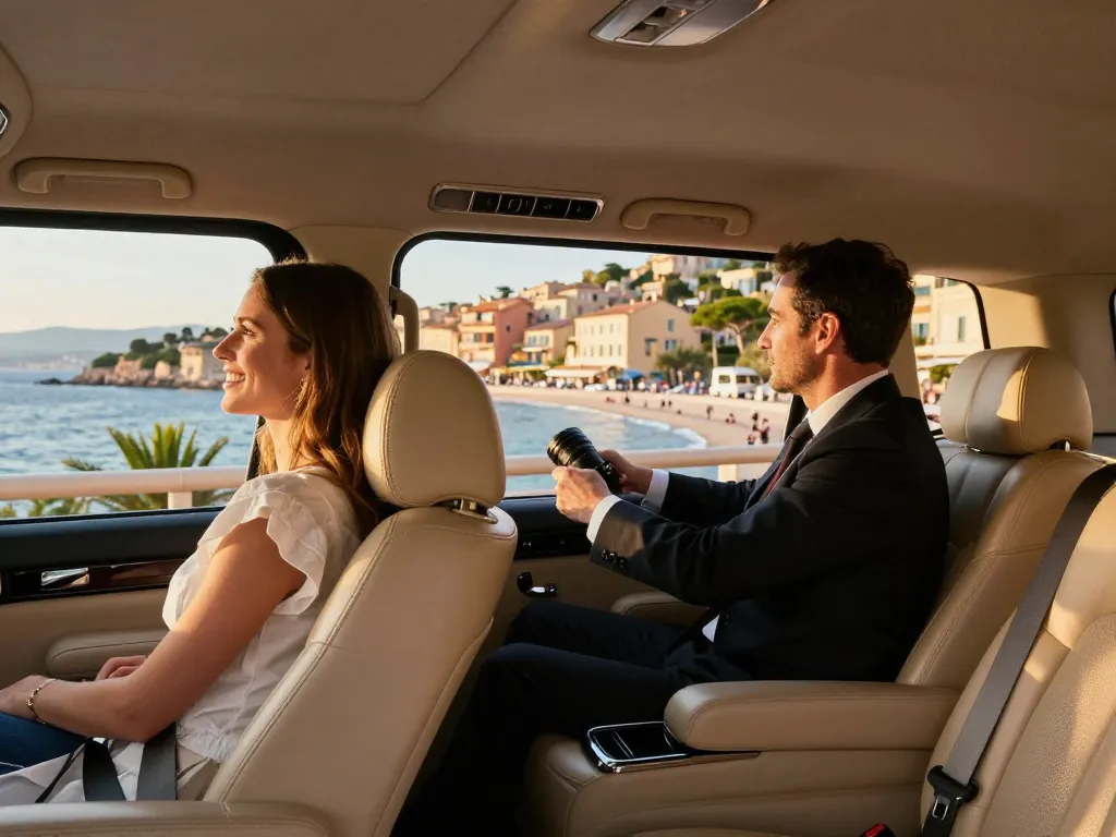 Passager de Taxi St Tropez profitant d'une balade panoramique dans un véhicule de luxe.