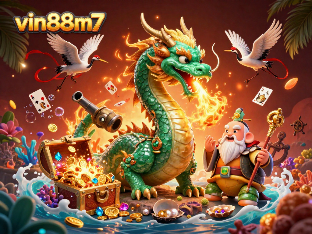 Experience thrilling gaming with vin88m7, featuring a jade dragon and treasures in a vibrant casino scene.