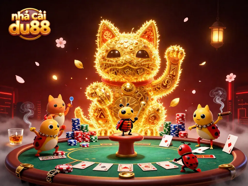 Engage with nhà cái du88 in a vibrant 3D digital casino scene featuring golden fireflies and dynamic poker elements.