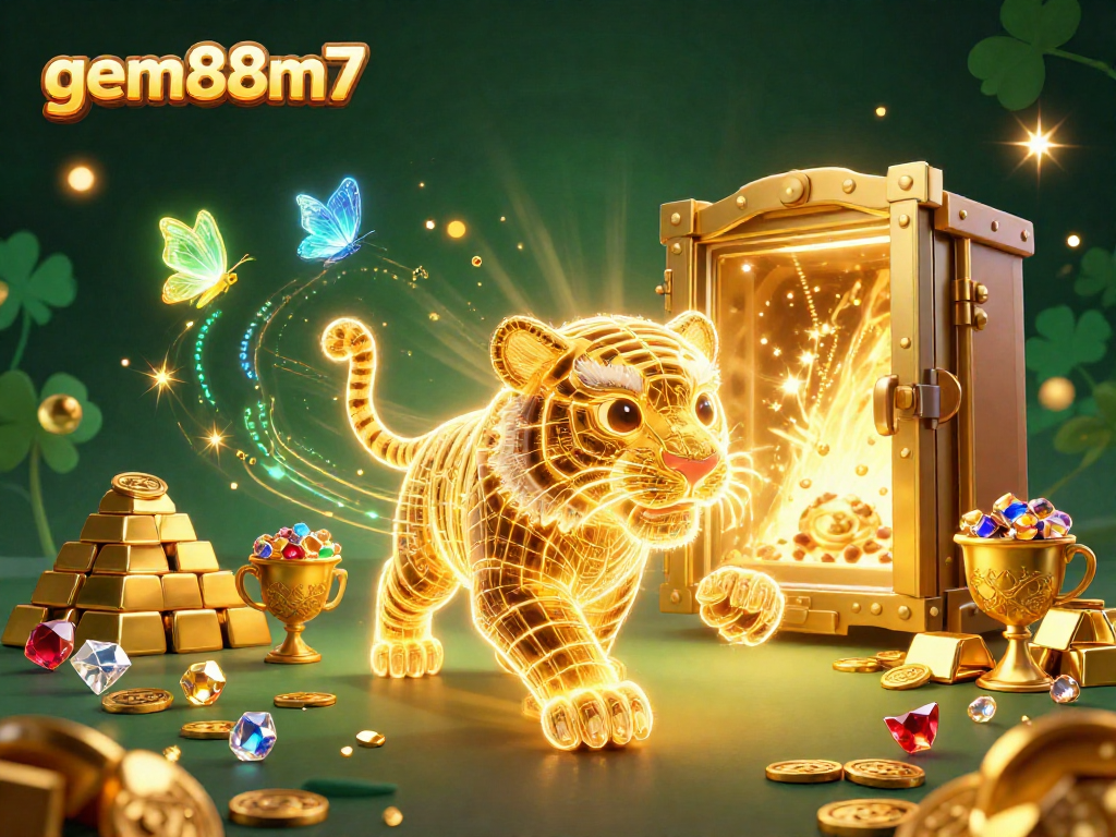 Engage in thrilling casino action at gem88m7 with a visual of a golden tiger prowling a vibrant digital landscape.