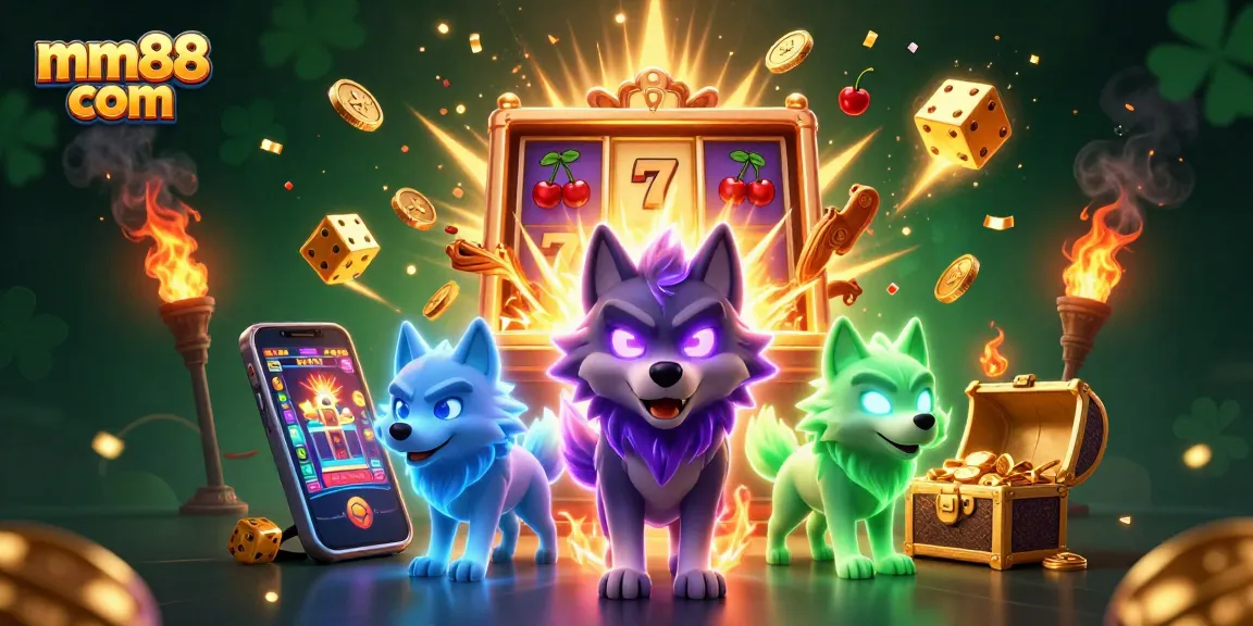Play exciting games at mm88 com, featuring a vibrant jackpot scene with cartoon wolves and slot action.