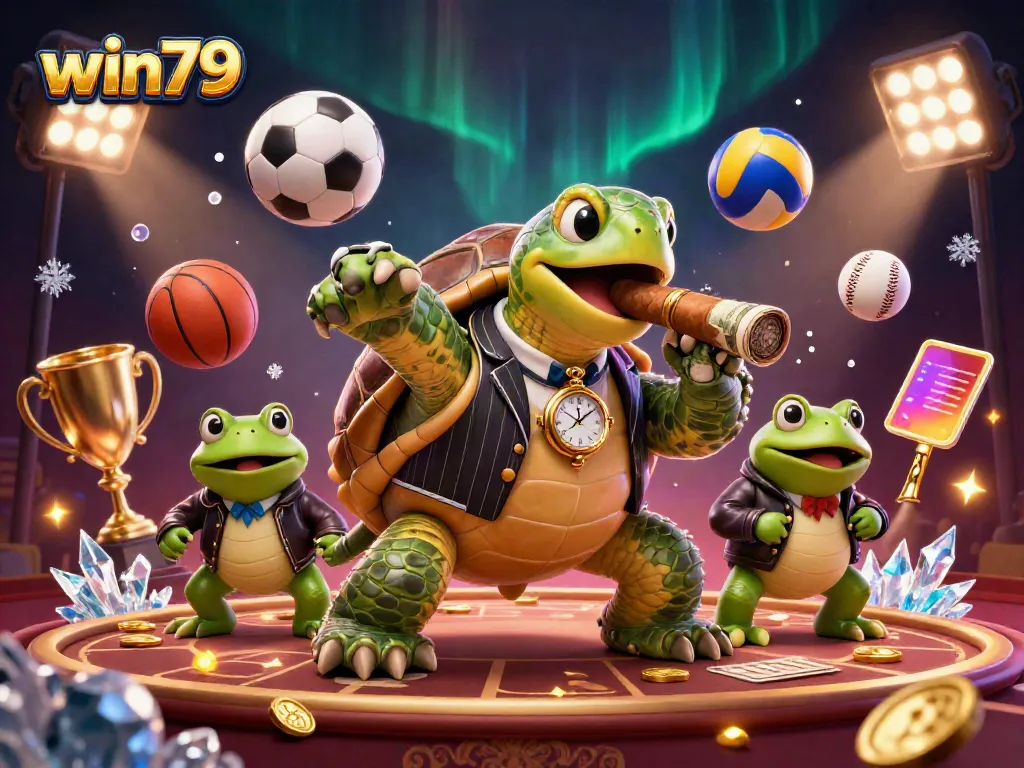 Experience thrilling sports betting action with win79, featuring cartoon characters in a vibrant casino scene.
