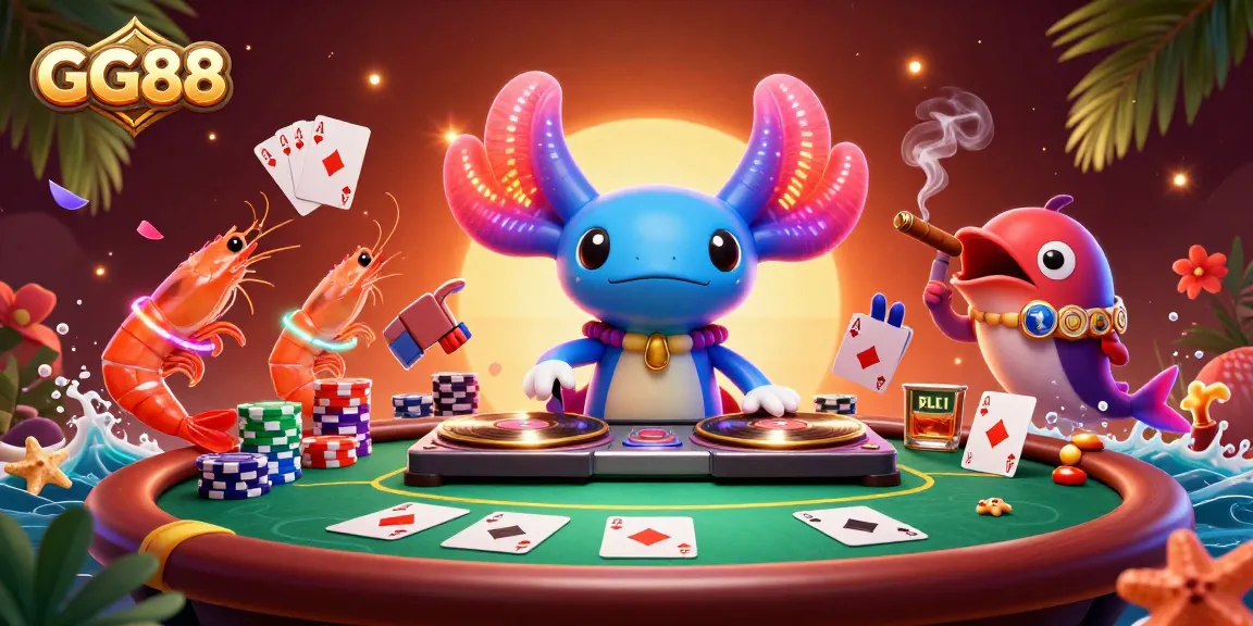 Experience the thrill of GG88's dynamic gaming scene with vibrant characters and poker elements.