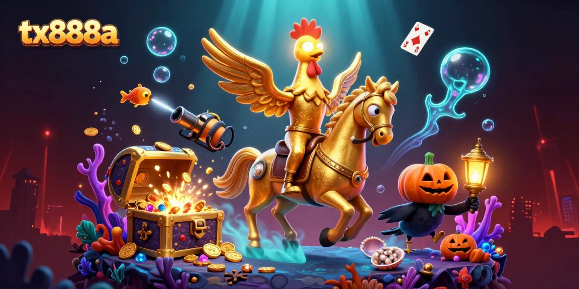 Experience the thrill of tx888a with a golden rooster riding through a vibrant casino scene.