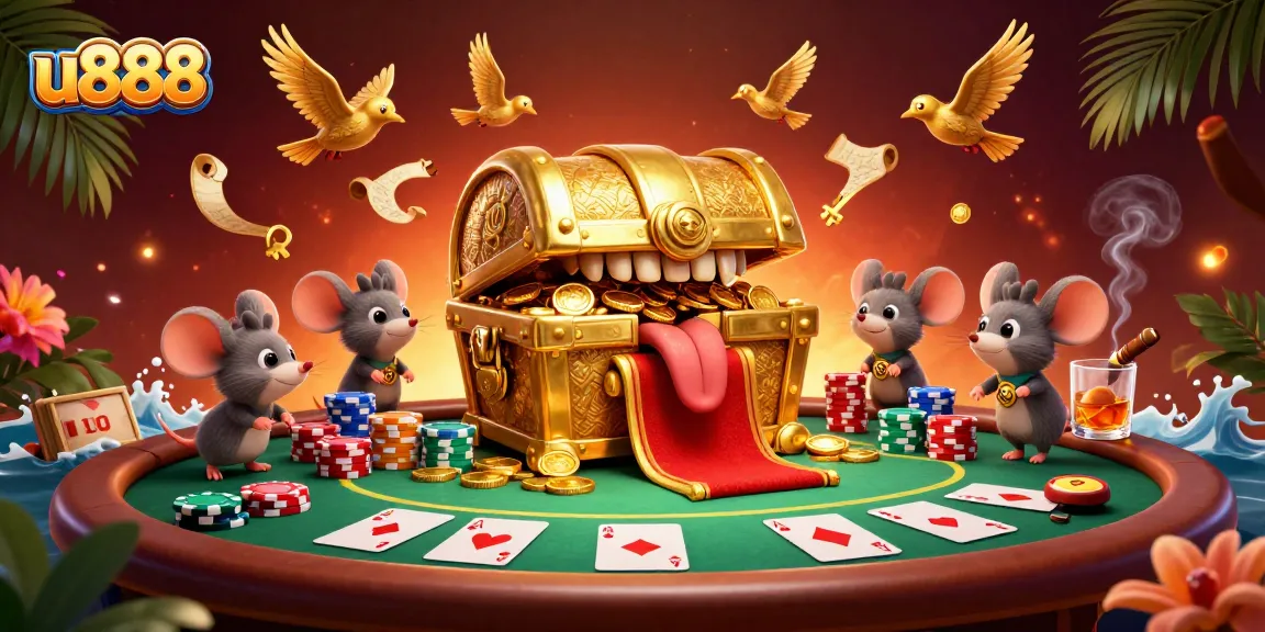 Engage in thrilling gambling with u888 at a vibrant casino scene filled with treasure, cards, and chips.