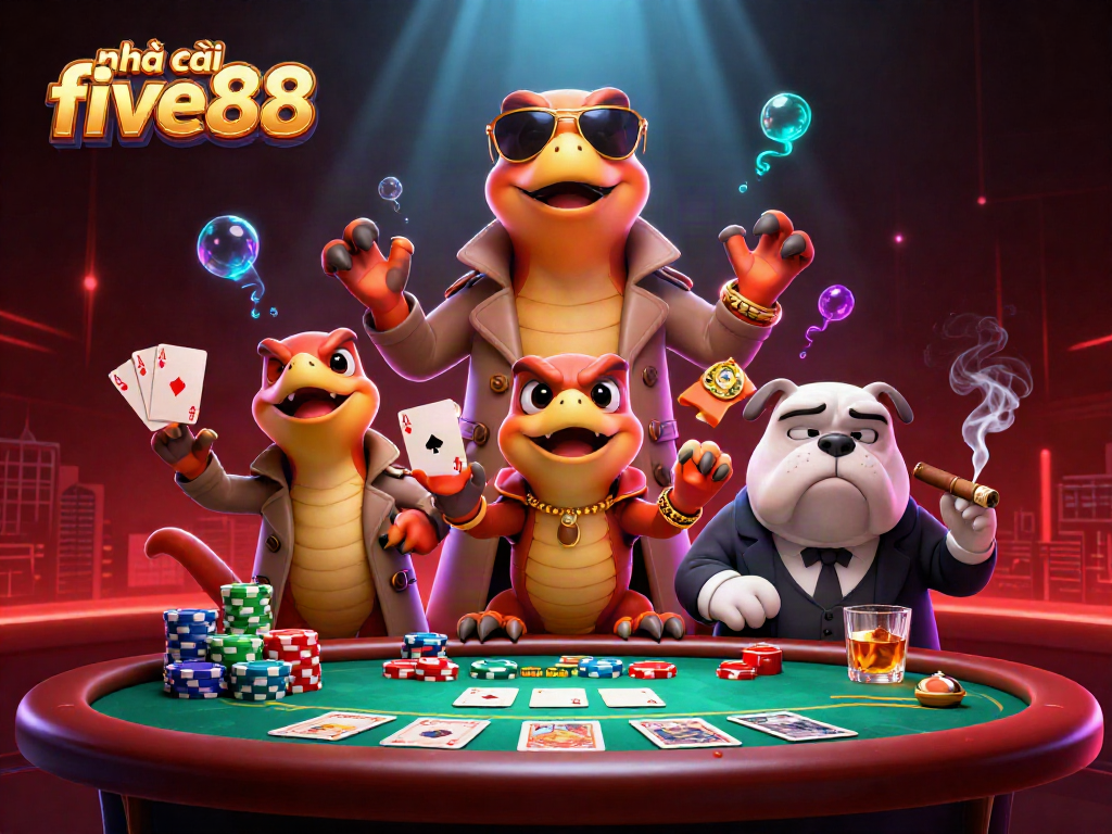 Experience the excitement of nhà cái five88 with cartoon raptors in a casino setting.