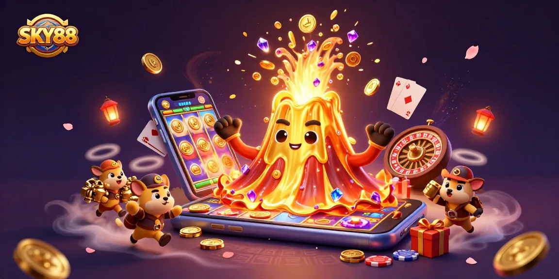 SKY88 features a vibrant casino scene with a golden volcano and spirited creatures celebrating riches amidst coins and game elements.