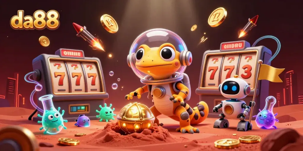 Engage in thrilling gambling at da88 with a Martian gecko discovering a golden casino amid dynamic action.