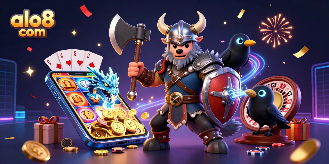 Experience the thrill of gambling at alo8 com with a Viking warrior and a dragon amidst vibrant casino elements.