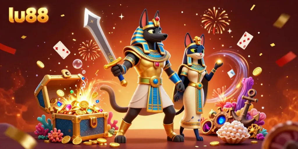 Experience the thrill of lu88 with Anubis and Bastet amidst treasures and celebrations in a stunning casino scene.