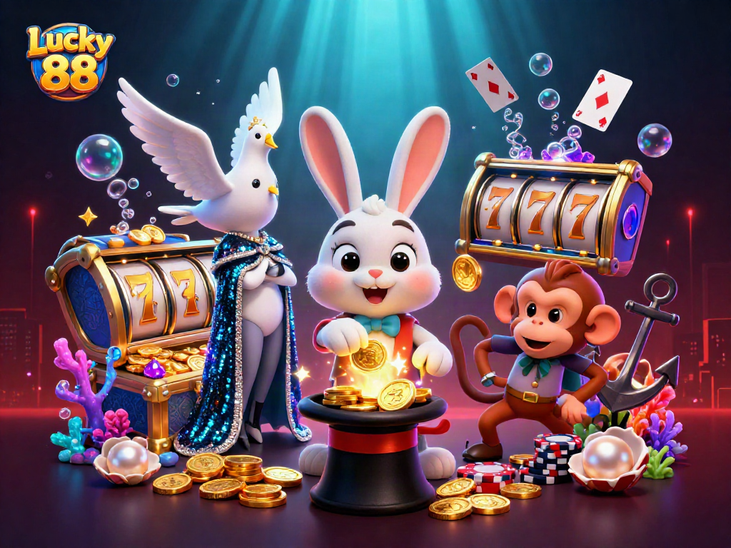 Experience Lucky 88's magical wins with a 3D cartoon illustration featuring captivating casino elements.