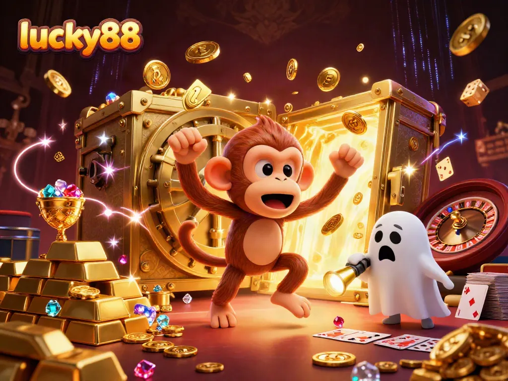 Experience the thrilling atmosphere of lucky88 with animated characters and dazzling casino elements.