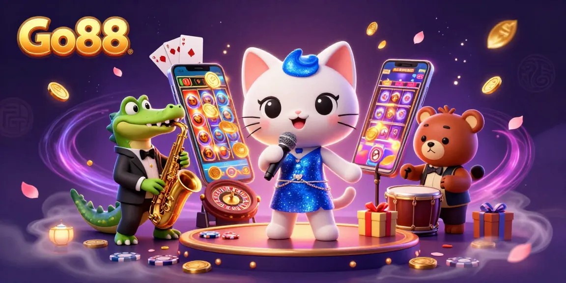 Engage with Go88, the premier online gaming platform, showcasing a vibrant casino scene featuring dynamic characters and games.
