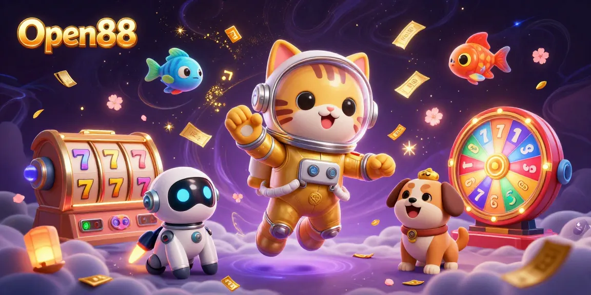 Experience thrilling wins at Open88 with vibrant slot reels and colorful jackpots in a captivating casino scene.