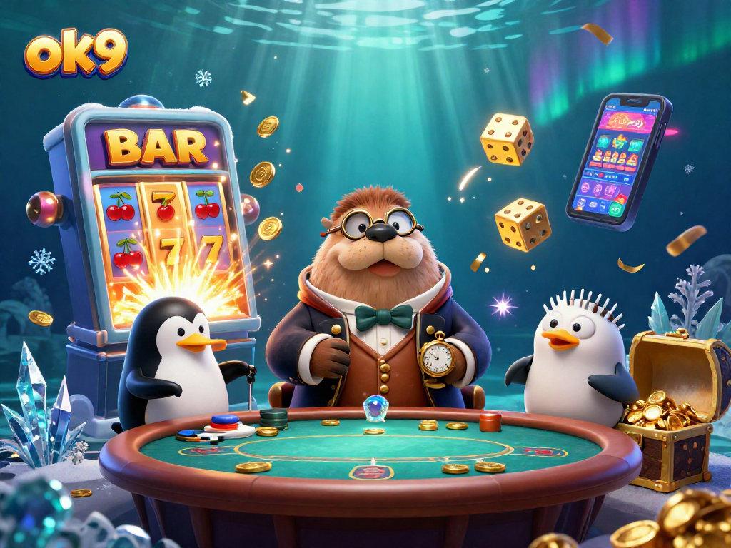 Engage with ok9’s vibrant underwater casino scene featuring a walrus, penguin dealer, and a bluffing pufferfish.