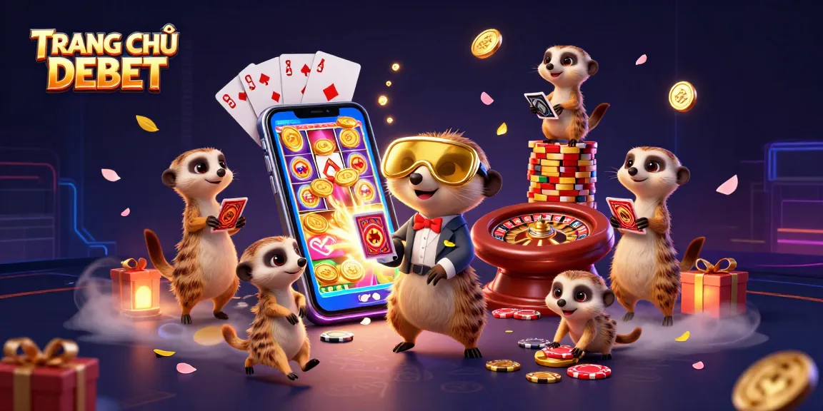 Engaging playing scene of TRANG CHỦ DEBET with meerkats managing a casino under colorful slot gaming elements.