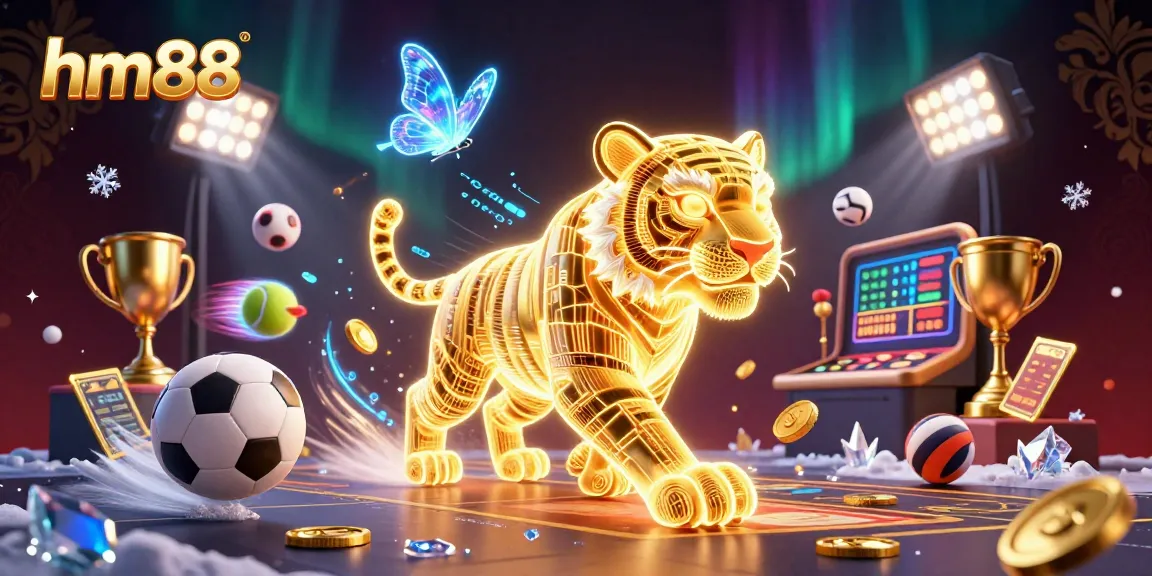 Experience thrilling betting action with hm88 in a vibrant digital casino scene filled with 3D sports elements.