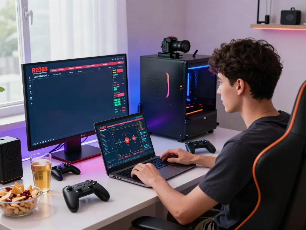 Exciting dynamic gaming scene featuring RED88 online casino interface, laptop, snacks, and vibrant lighting.
