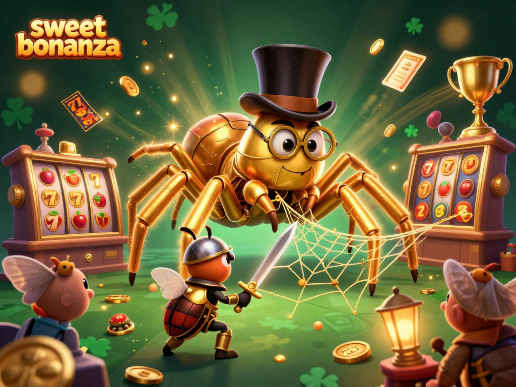 Živahna scena sweet bonanza s 3D simboli igralnih avtomatov in zlatim tarantulom.