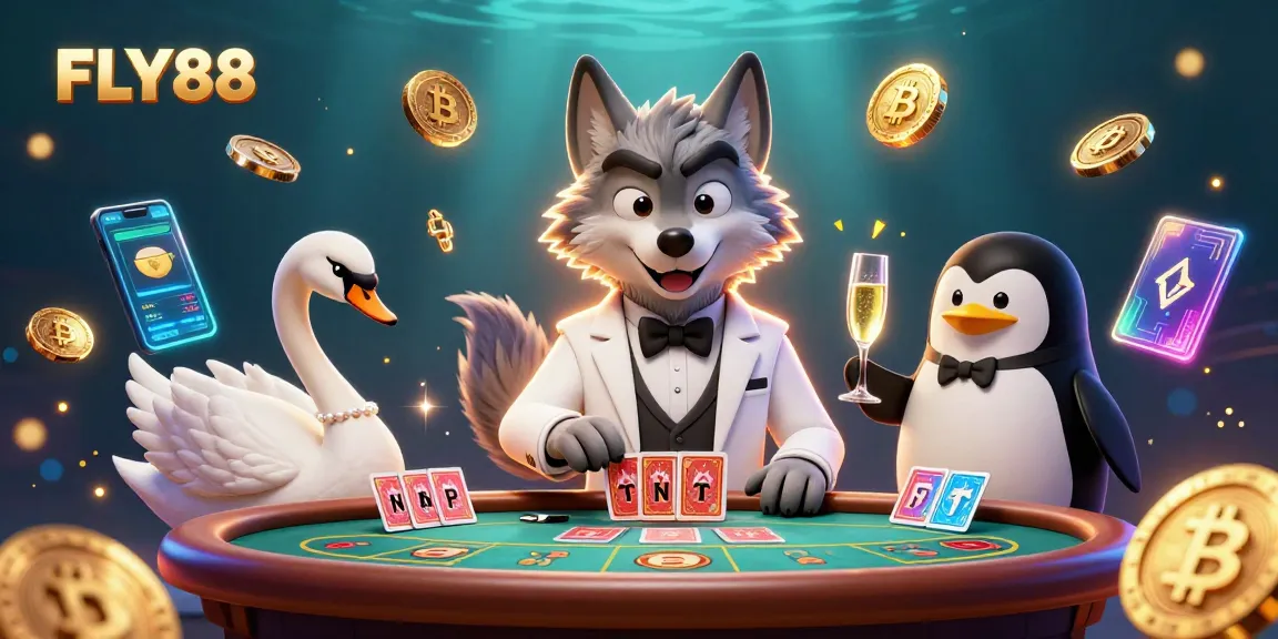 FLY88 players enjoying a baccarat table with a debonair wolf and elegant swan dealer.