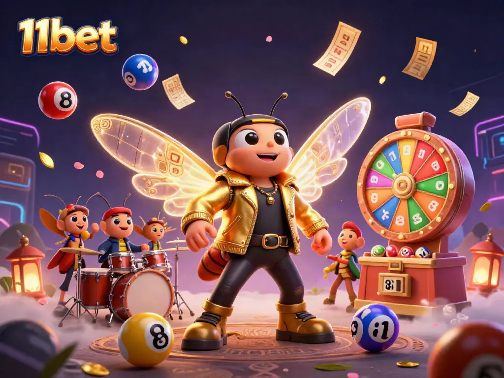 Experience the excitement of 11bet with a vibrant 3D illustration capturing a rock star cicada and dynamic gaming elements.
