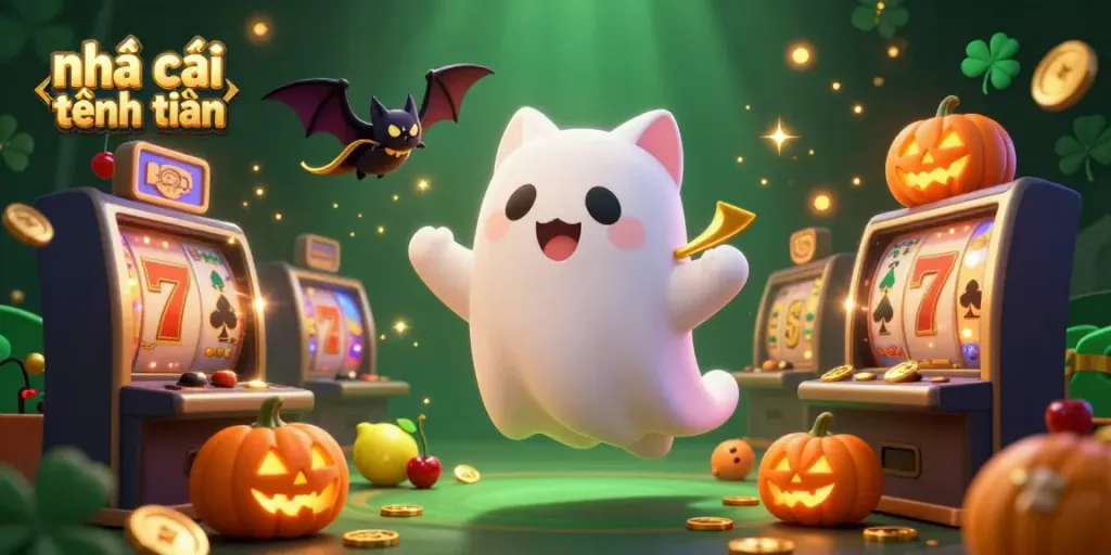 Engage with the vibrant energy of nhà cái tặng tiền in a fun casino scene with a friendly ghost cat, bat, slot machines, and glowing jack-o-lanterns.