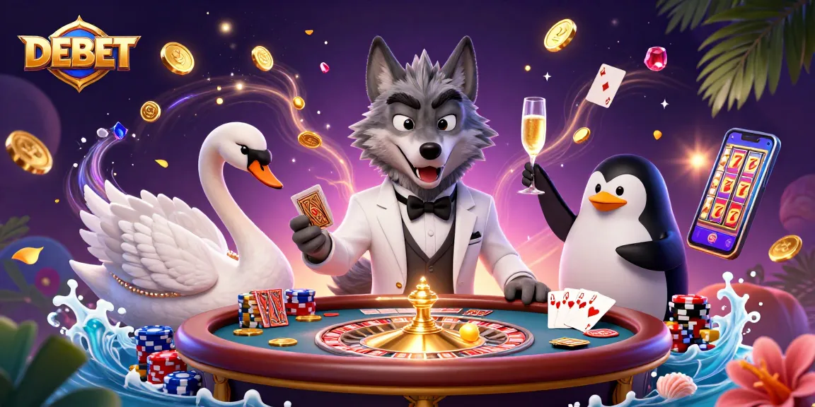 Join the fun at DEBET's baccarat table where a cartoon wolf, swan, and penguin celebrate thrills!