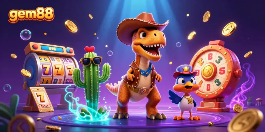 Engage with gem88's thrilling online casino experience featuring colorful slot reels and vibrant jackpot counters.