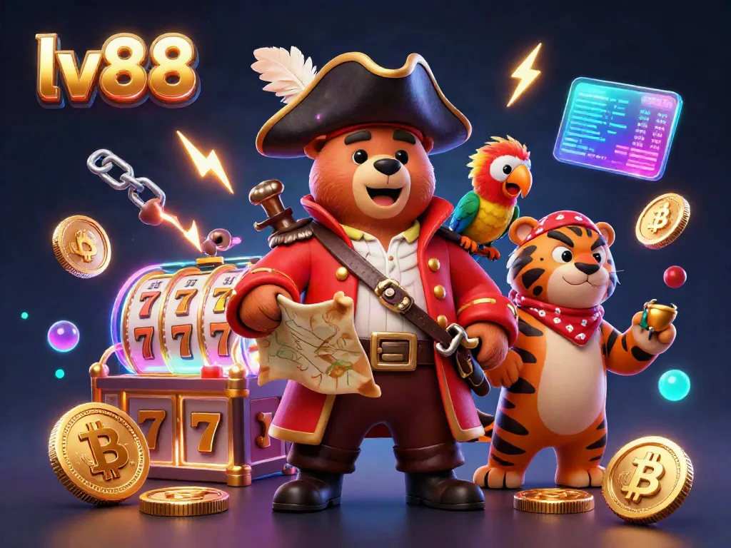 lv88 showcases vibrant casino elements with a pirate bear and tiger amidst slot reels and crypto coins.