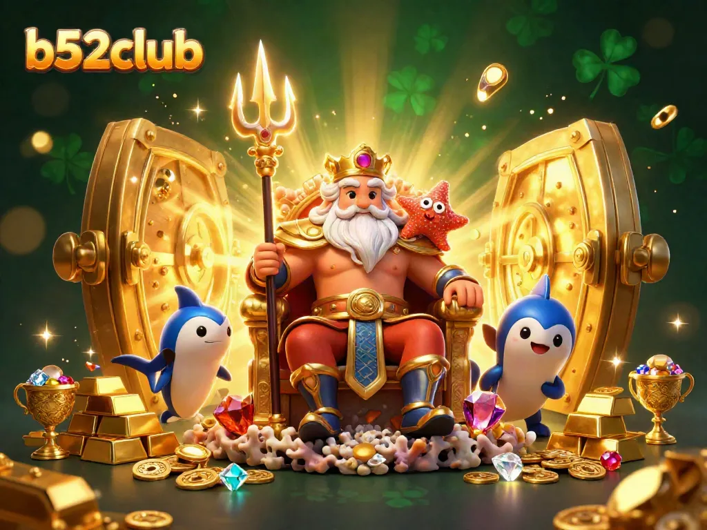 Engage in thrilling gameplay at b52club featuring sea king Neptune surrounded by treasures and vibrant casino elements.