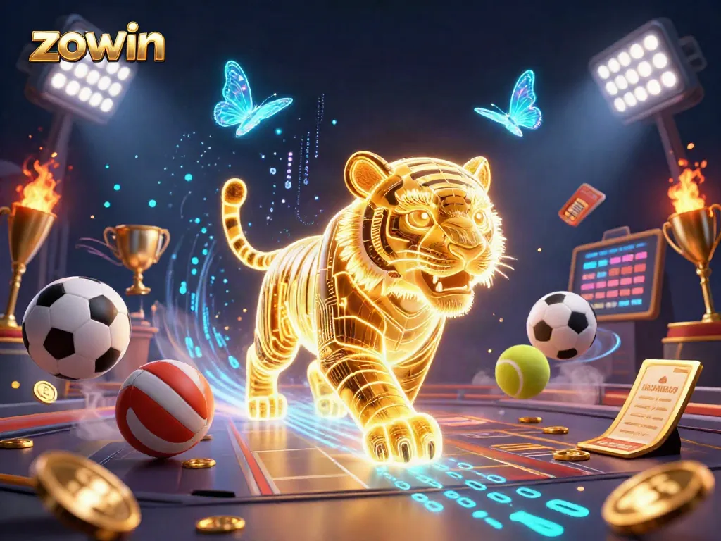 Zowin offers thrilling casino experiences with gold and neon elements in a vibrant digital landscape.