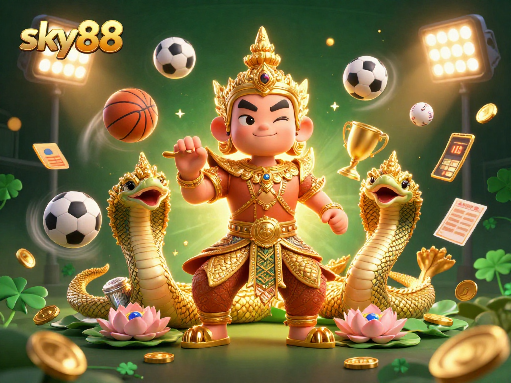 Engage with sky88's vibrant 3D scene featuring a guardian and sports elements.