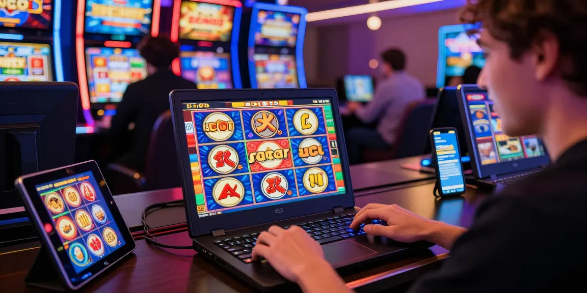 Excited player engaging with slot gacor game on laptop in a vibrant online casino setting.