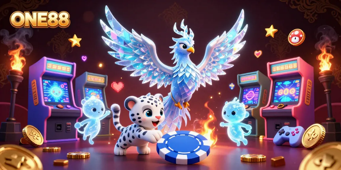 Experience the magical world of ONE88 with a vibrant poker scene featuring dynamic characters and casino elements.