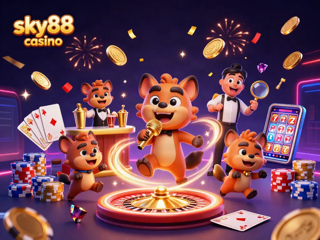 Win big at sky88 casino with lively hyenas engaging in comedy and drinks amidst golden coins and games!