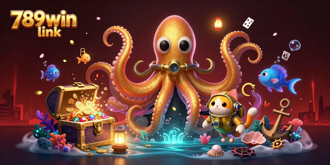 Engage with the exciting 789win link scene featuring a kraken, diving cat, and treasure in an underwater casino.