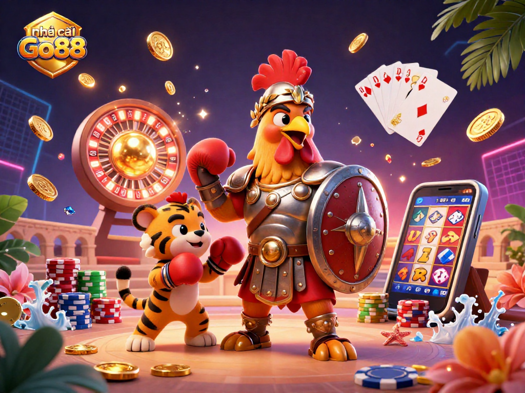 Engage with nhà cái Go88 in this dynamic 3D casino scene featuring animated characters and exciting gaming elements.