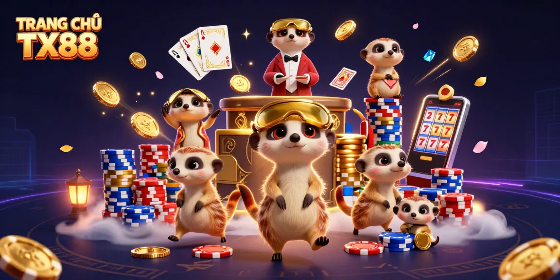 Engage with TRANG CHỦ TX88 at a vibrant virtual casino featuring meerkats running games and rewards.