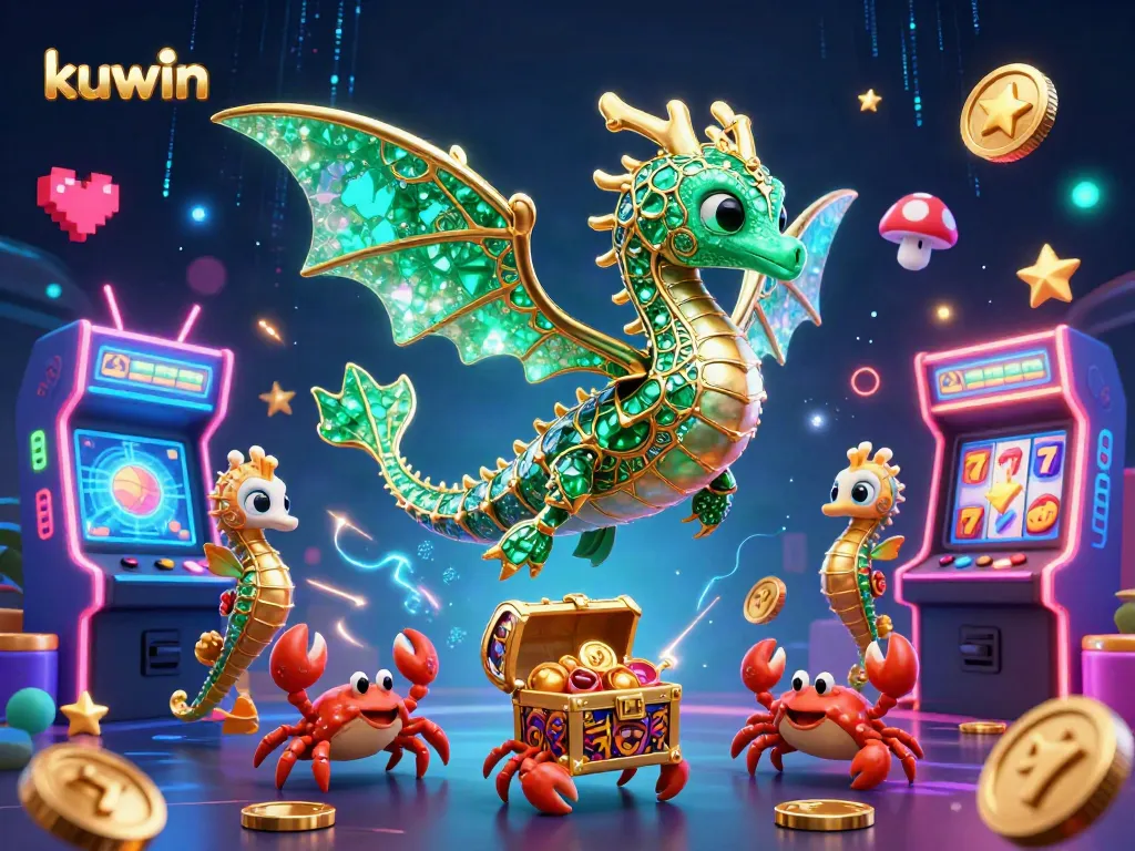 Spin to win on kuwin, featuring a shimmering sea dragon surrounded by colorful jackpot elements and gaming machines.