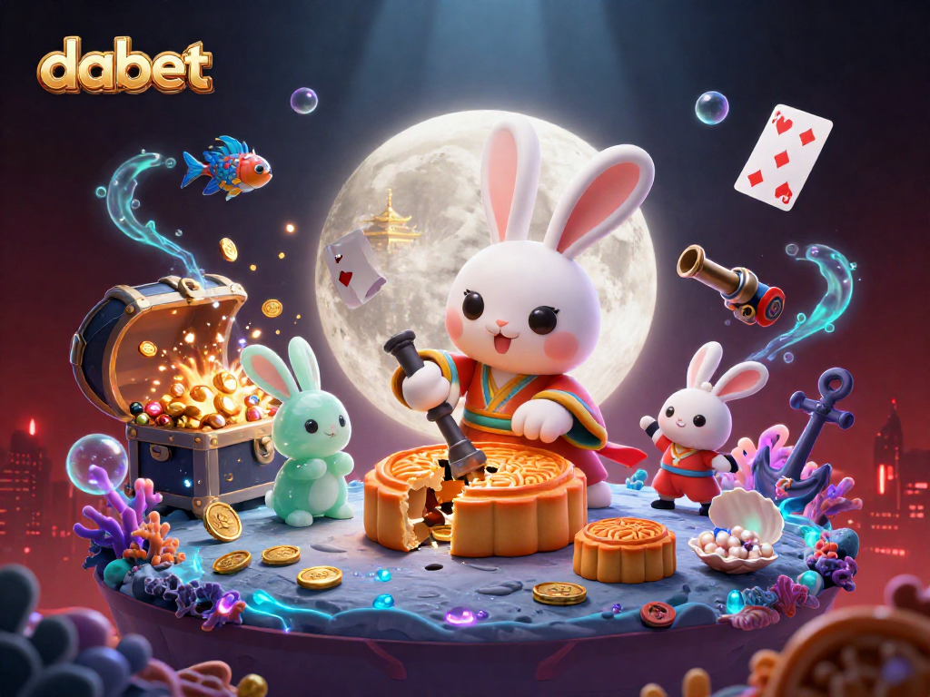 dabet offers a unique gaming experience with a moon rabbit-themed casino scene filled with poker chips.