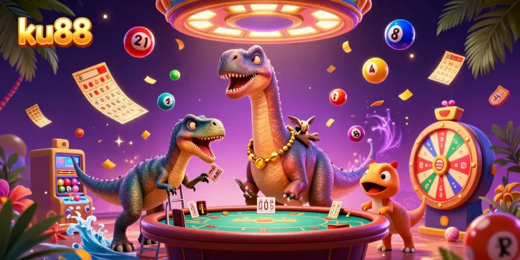Engage with ku88's vibrant casino adventure featuring a giant brontosaurus and clever raptor in action.