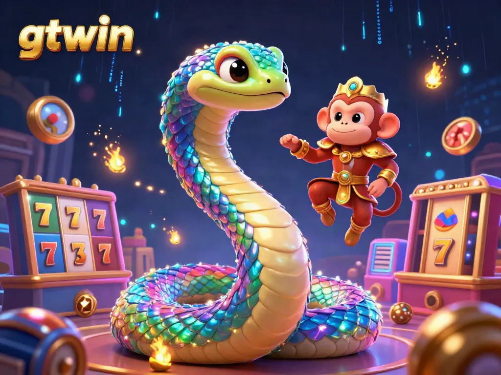 Engage with GTWIN's vibrant slot games featuring a rainbow serpent and monkey king in a magical casino scene.
