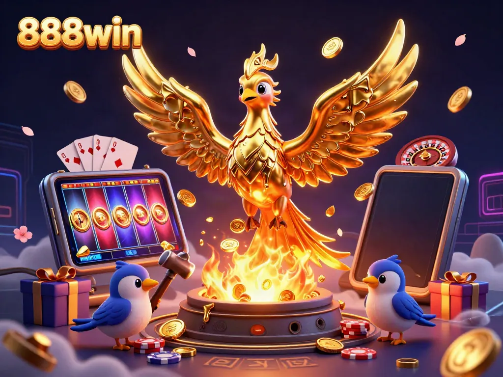 Engage with 888win's golden phoenix soaring amidst vibrant gambling elements in a dazzling scene.