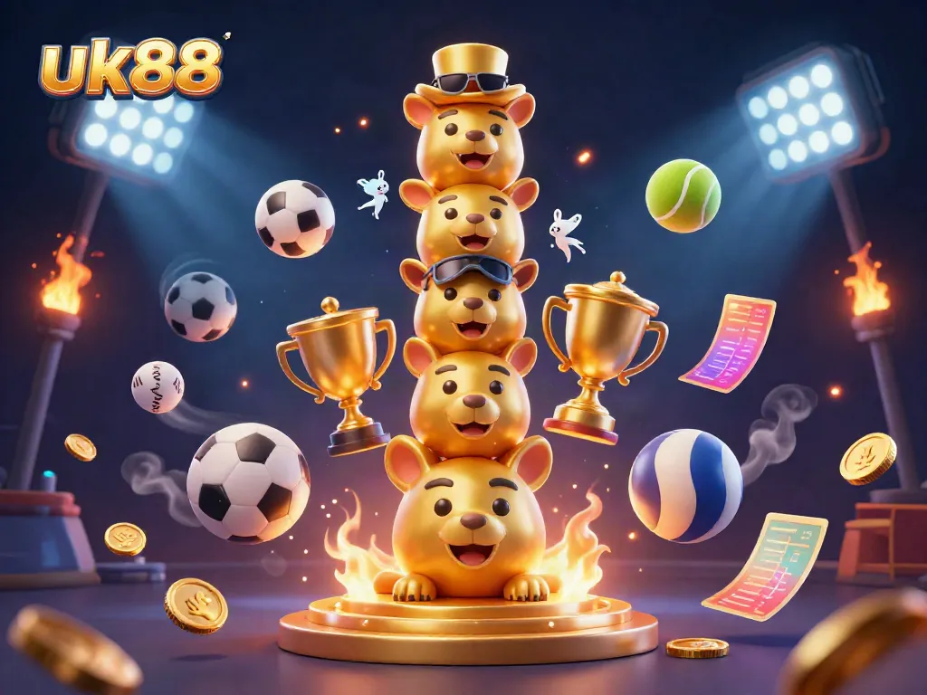 Engage with uk88's immersive 3D casino scene featuring lively totem, dynamic sports elements, and vibrant colors.