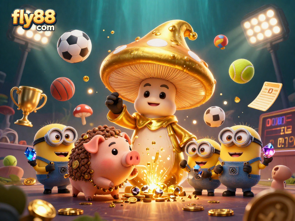 Experience the thrill of betting at fly88 com with a magical golden wizard scene filled with treasures and dynamic sports elements.