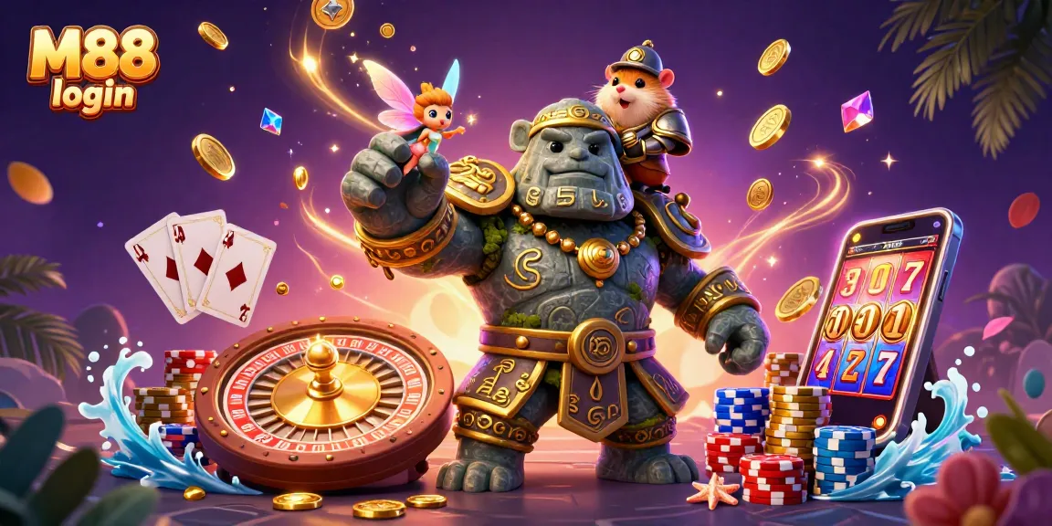 Experience M88 login with a magical scene featuring a golem guardian and gaming excitement