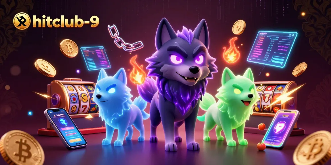 Engage with hitclub-9 in this vibrant casino-themed 3D digital illustration featuring mystical wolves and crypto elements.